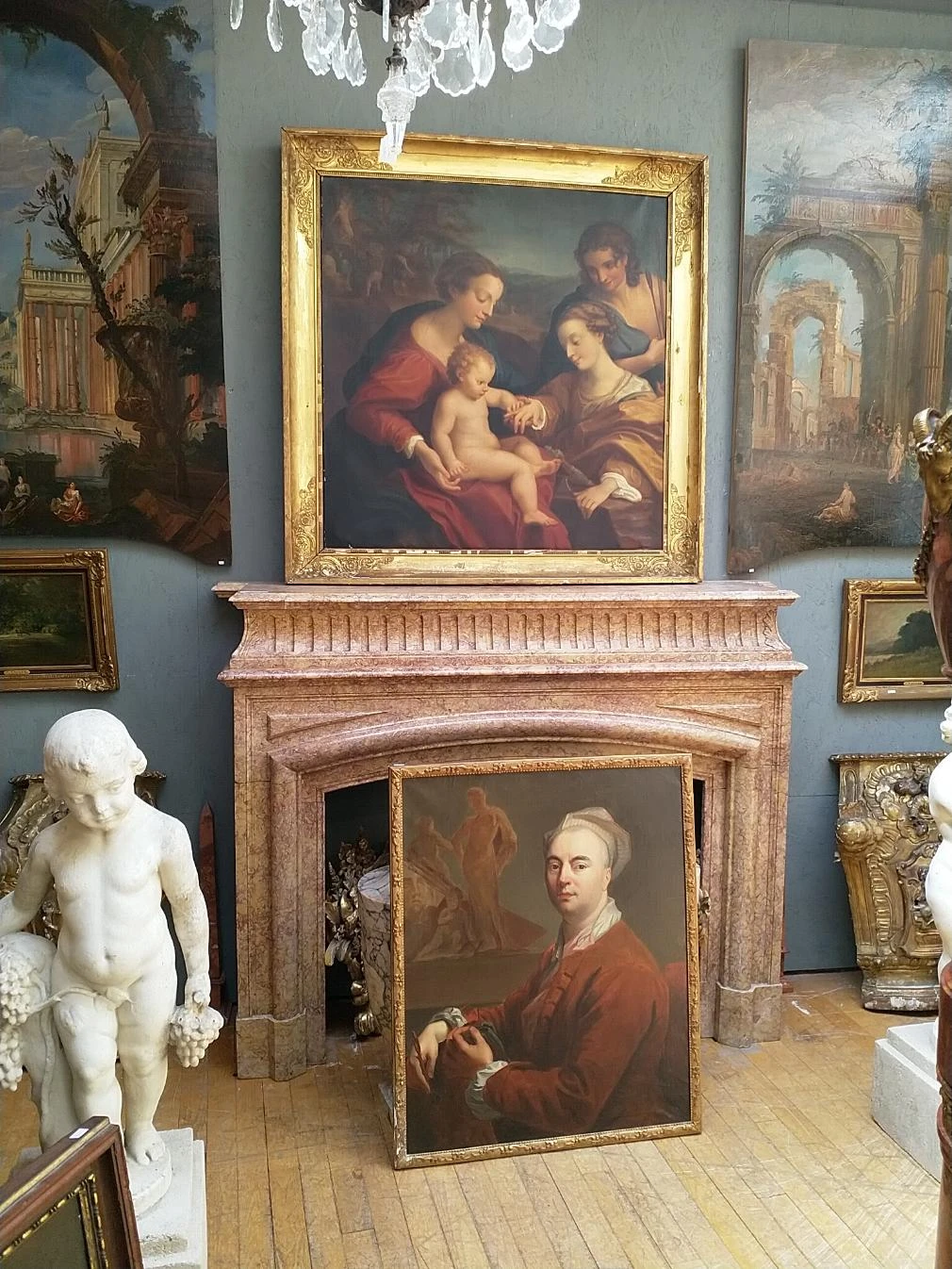 Peintures et tableaux anciens, Le Mariage mystique de sainte Catherine d'Alexandrie en présence de saint Sébastien en haut XIXème siècle et un joli portrait dans le goût du XVIIIème siècle
