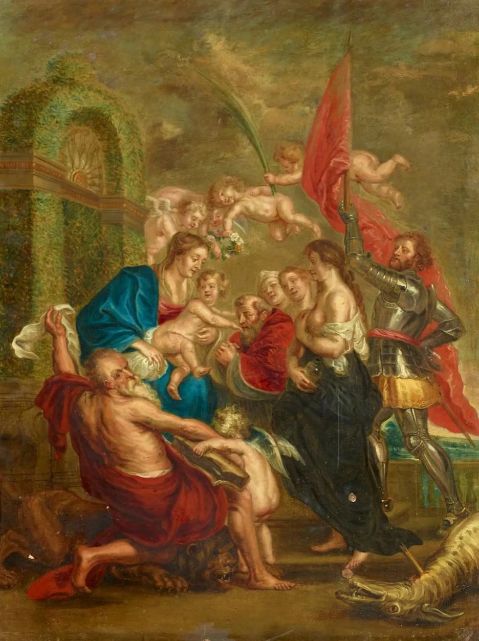Peintures et tableaux anciens, Le triomphe de la piété mariale, école anversoise fin XVIIème, huile sur cuivre